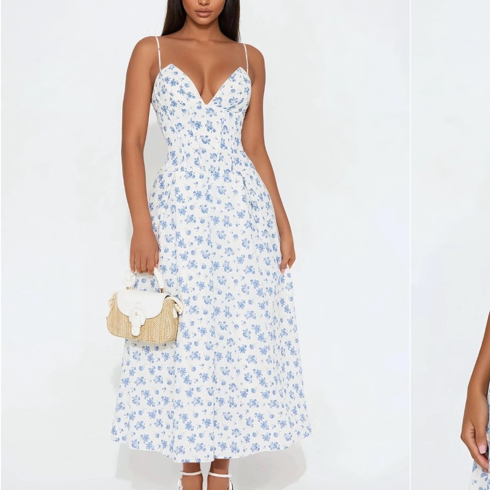 FashionNova White and Blue Sleeveless Midi Sundress - brand new
